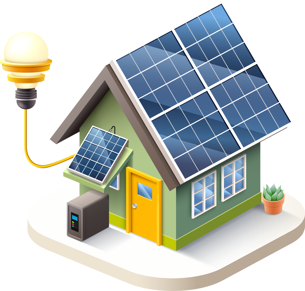 house with solar cell system isometric illustration