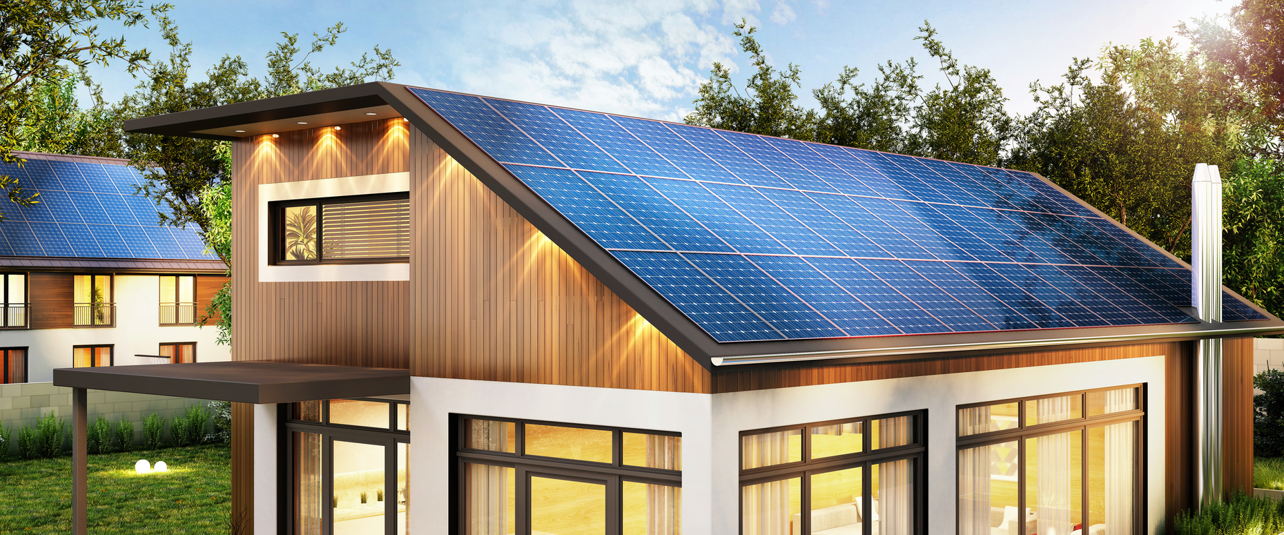 Modern house with solar panels on the roof